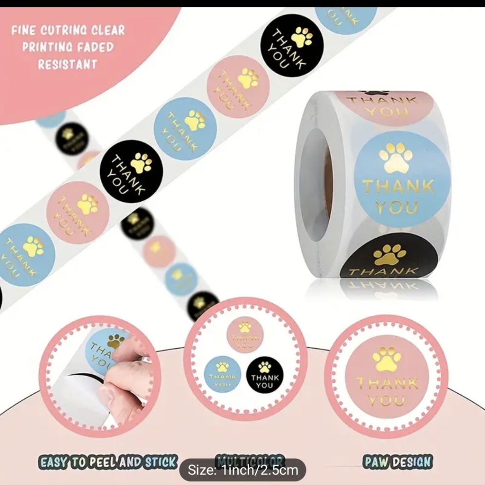 Thank You Paw Stickers Multicolor Roll Of 500 - Picture 3 of 6